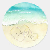 2つのハートの海岸線熱帯ビーチ結婚式 ラウンドシール (正面)