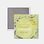 2つのハートの緑の春の結婚式日付を保存 マグネット (正面/裏面)