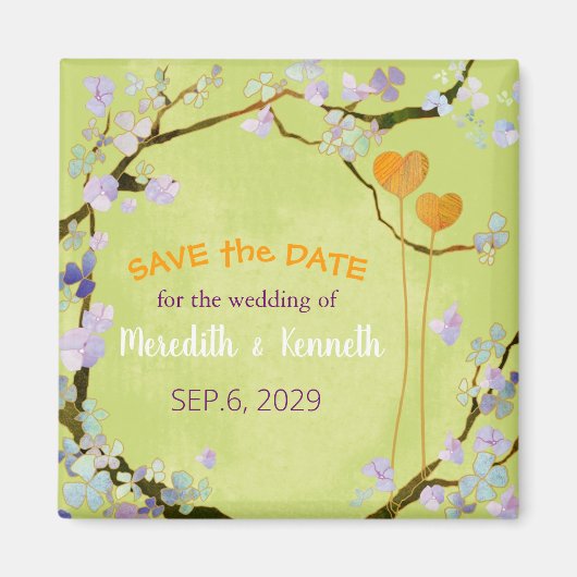 2つのハートの緑の春の結婚式日付を保存 マグネット (正面)