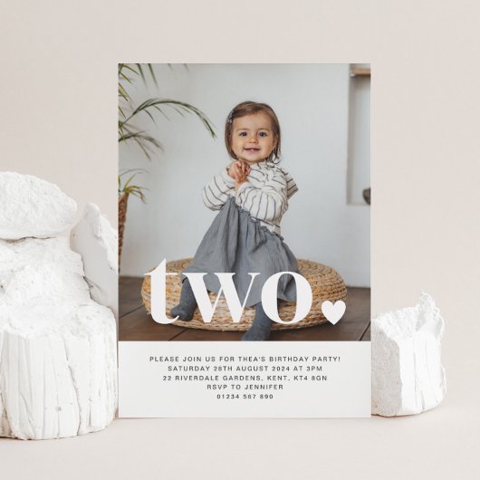2つのハートフォトファースト誕生日招待状 招待状