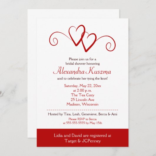 2つのハートレッドスワールブライダルシャワー招待 招待状 (正面/裏面)