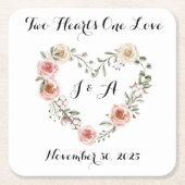 2つのハートワンラブピンククリームバラ スクエアペーパーコースター (正面)