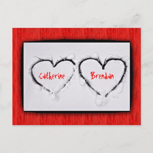 2つのハート新鮮な白い雪赤コルゲートメタル ポストカード (正面)