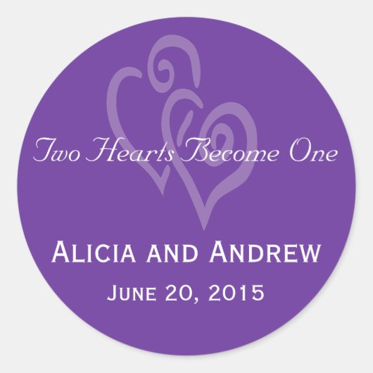 2つのハート結婚式の引き出物ステッカーパープル ラウンドシール (正面)