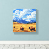 2つのバイソン歩くthrouの美しい風景 キャンバスプリント (インサイチュ (ウッドフロア))