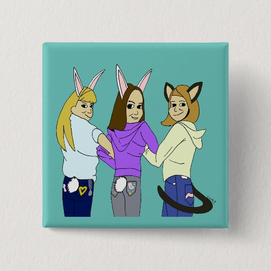 2つのバニーと1つの子猫 缶バッジ (正面)