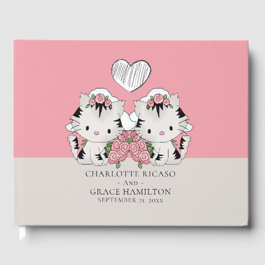 2つのパーソナライズされた花嫁ネコをテーマにしたゲイの結婚テーマ ゲストブック (正面)