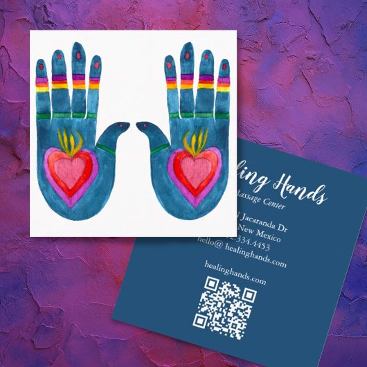 2つのヒーリングハンズウォーターカラーボホQRコード スクエア名刺