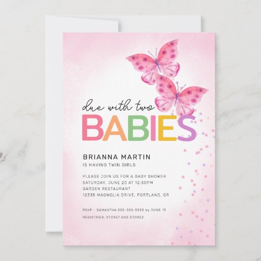 2つのピンクの蝶の双子ベビーシャワーと一緒に 招待状 (正面)