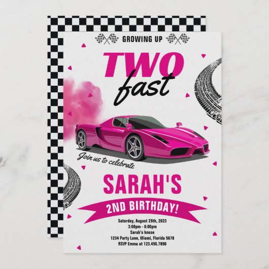 2つのファストレースカー2nd誕生日を育てる女の子 招待状 (正面/裏面)