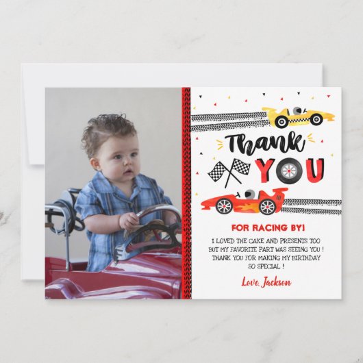 2つのファーストレースカーレース誕生日サンキューカード 招待状 (正面)
