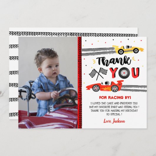 2つのファーストレースカーレース誕生日サンキューカード 招待状 (正面/裏面)