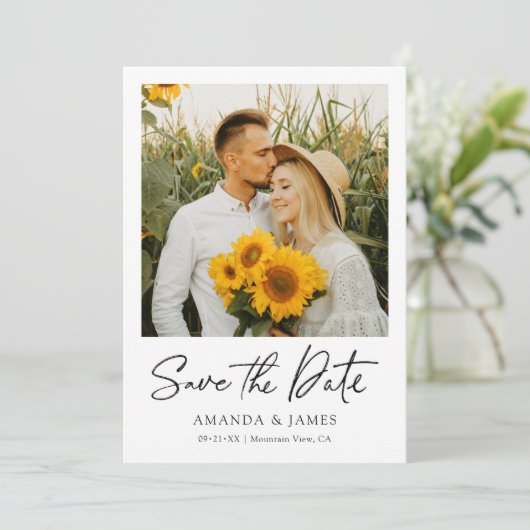 2つのフォトウェディング日付を保存招待状テンプレート セーブザデート (スタンド正面)