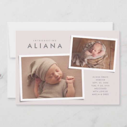 2つのフォトコラージュシンプルタイプのピンク誕生 案内状 (正面)