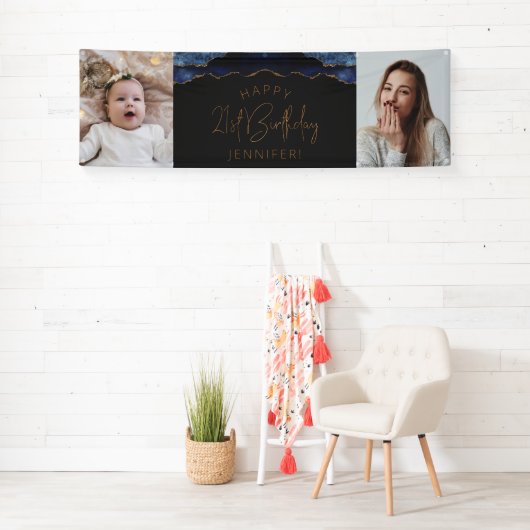 2つのフォトネイビーブルー金ゴールドアゲート21歳の誕生日 横断幕 (インサイチュ)