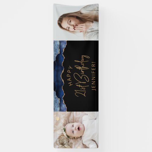 2つのフォトネイビーブルー金ゴールドアゲート21歳の誕生日 横断幕 (縦)