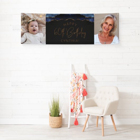 2つのフォトネイビーブルー金ゴールドゲート60誕生日 横断幕 (インサイチュ)