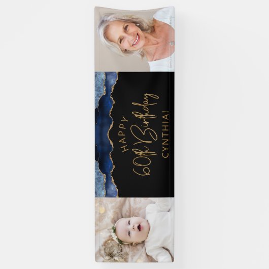 2つのフォトネイビーブルー金ゴールドゲート60誕生日 横断幕 (縦)
