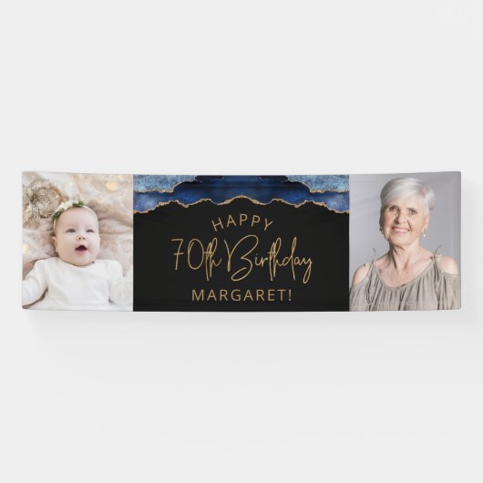 2つのフォトネイビーブルー金ゴールドゲート70誕生日 横断幕 (横)