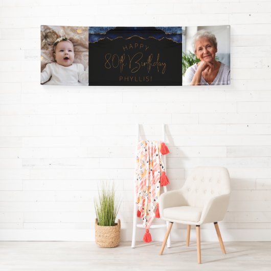 2つのフォトネイビーブルー金ゴールドゲート80誕生日 横断幕 (インサイチュ)