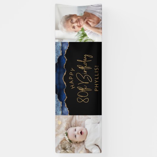 2つのフォトネイビーブルー金ゴールドゲート80誕生日 横断幕 (縦)