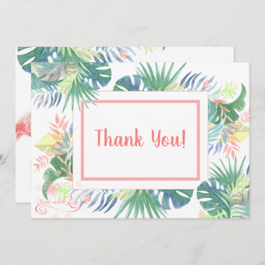 2つのフラミンゴ熱帯花のための美しいおとぎ話 サンキューカード (正面/裏面)