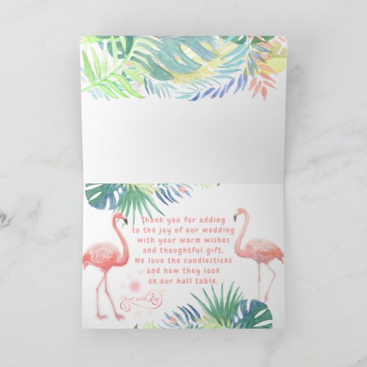 2つのフラミンゴ熱帯花のための美しいおとぎ話 サンキューカード (内部)