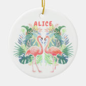 2つのフラミンゴ熱帯花のための美しいおとぎ話 セラミックオーナメント (正面)
