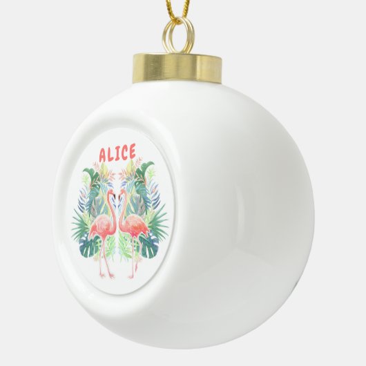 2つのフラミンゴ熱帯花のための美しいおとぎ話 セラミックボールオーナメント (右)