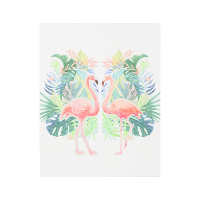 2つのフラミンゴ熱帯花のための美しいおとぎ話 メタルプリント (正面)