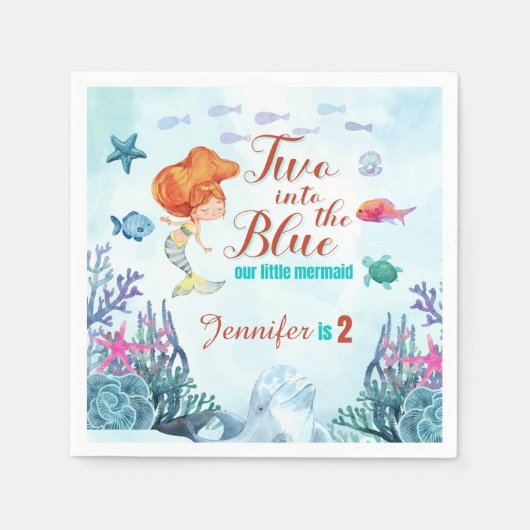 2つのブルーオラン人魚の女の子の2番目の誕生日に スタンダードカクテルナプキン (正面)