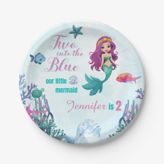 2つのブルーパープルマーメイドガールズ2nd誕生日 ペーパープレート (正面)