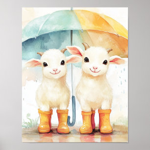 2つのベビーヤギが雨の日に ポスター