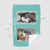 2つのペットの写真、名前とメッセーカスタマイズジ、ティール（緑がかった色） ゴルフタオル (インサイチュ)