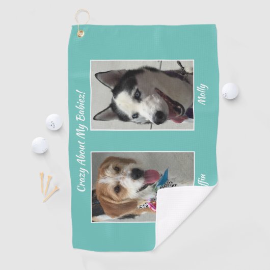 2つのペットの写真、名前とメッセーカスタマイズジ、ティール（緑がかった色） ゴルフタオル (インサイチュ)