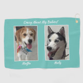 2つのペットの写真、名前とメッセーカスタマイズジ、ティール（緑がかった色） ゴルフタオル (横)