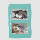 2つのペットの写真、名前とメッセーカスタマイズジ、ティール（緑がかった色） ゴルフタオル (正面)