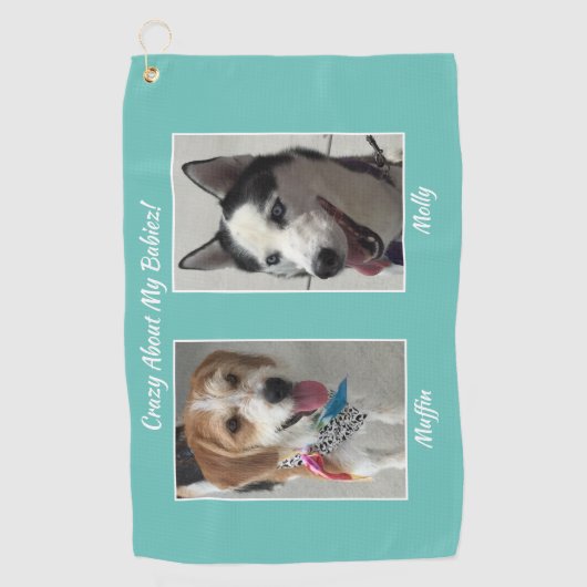 2つのペットの写真、名前とメッセーカスタマイズジ、ティール（緑がかった色） ゴルフタオル (正面)