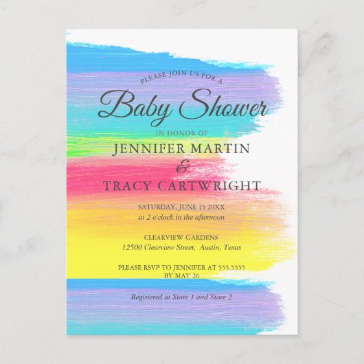 2つのママ虹の美しいレズビアン赤ちゃんシャワー インビテーションポストカード (正面)