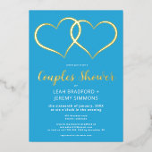 2つのミニマルハートフランスのブルーカップルのシャワー写真 箔招待状 (正面)