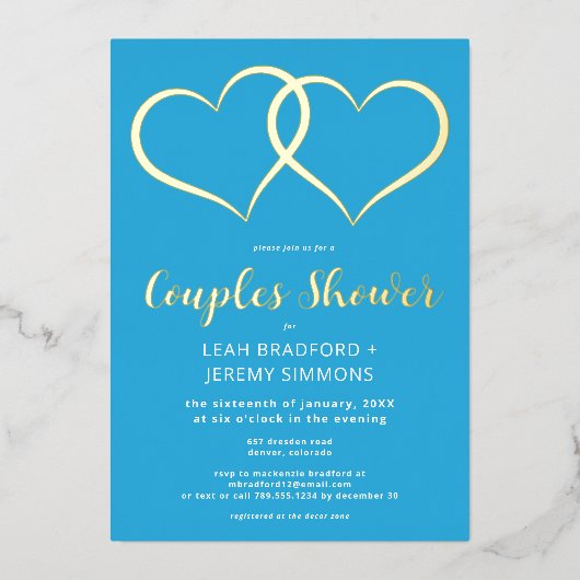 2つのミニマルハートフランスのブルーカップルのシャワー写真 箔招待状 (正面)
