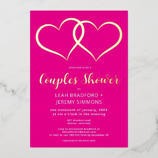 2つのミニマルハートホットピンクカップルのシャワー写真 箔招待状 (正面)