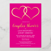 2つのミニマルハートホットピンクカップルのシャワー 箔招待状 (正面)