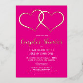 2つのミニマルハートホットピンクカップルのシャワー 箔招待状 (正面)