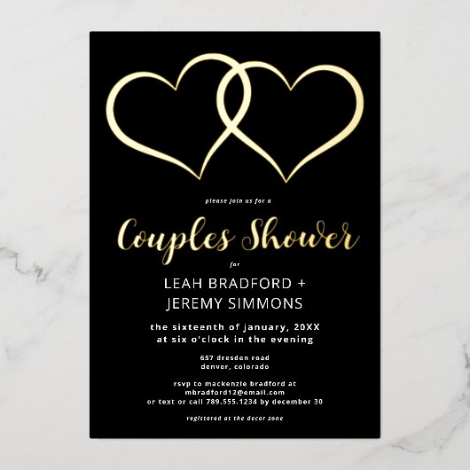 2つのミニマルハート白黒カップルのシャワー 箔招待状 (正面)