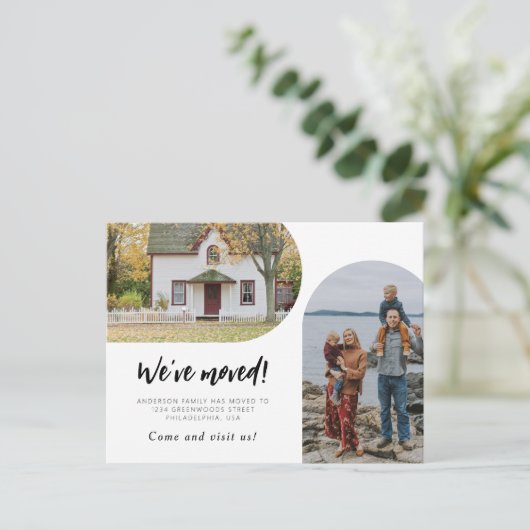 2つのモダンArchフォト引っ越しましたのスクリプトを作成 案内ポストカード (スタンド正面)