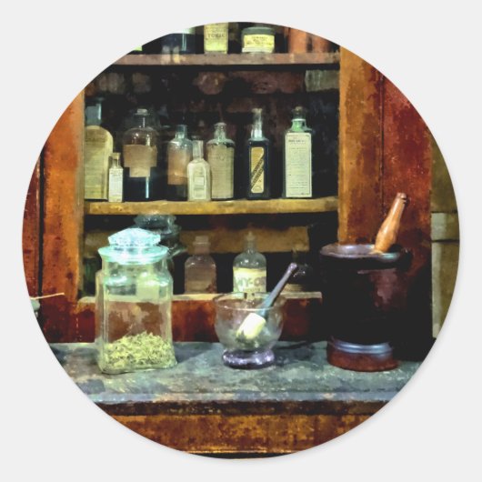 2つのモルタルと杵とガラス瓶 ラウンドシール (正面)