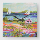 2つのヨットおよびコテージ スクエア壁時計 (正面)