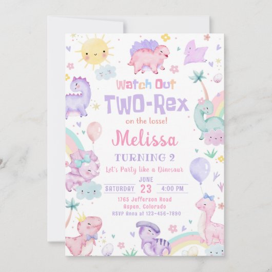2つのレックスピンク恐竜2番目の誕生日パーティー 招待状 (正面)