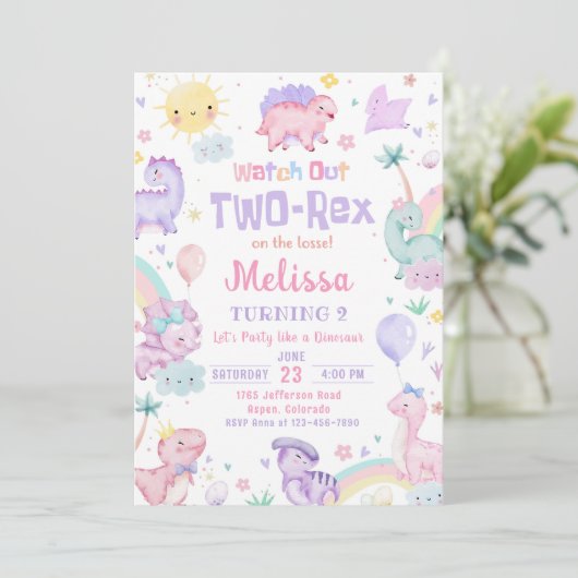2つのレックスピンク恐竜2番目の誕生日パーティー 招待状 (スタンド正面)